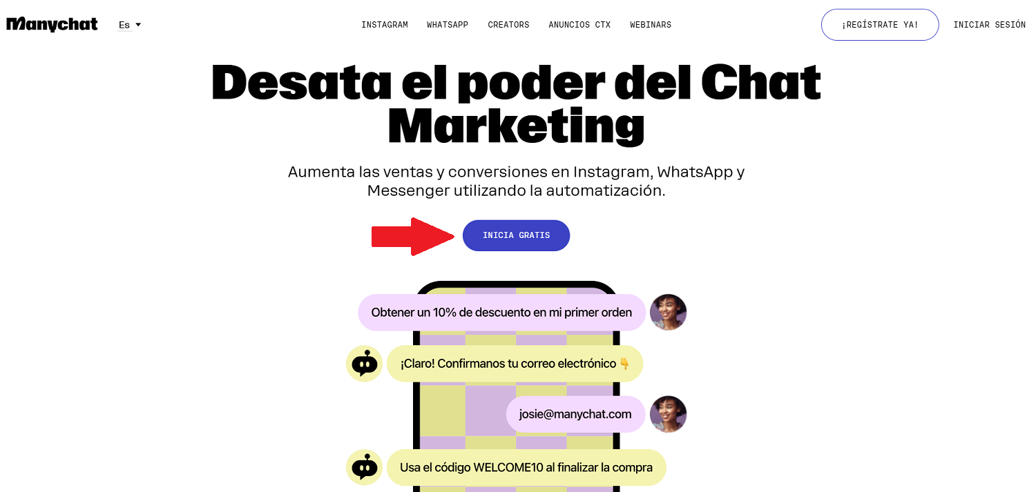 ManyChat y WhatsApp: Paso 1 Registrarte Gratis ManyChat y WhatsApp: Registrarte Gratis